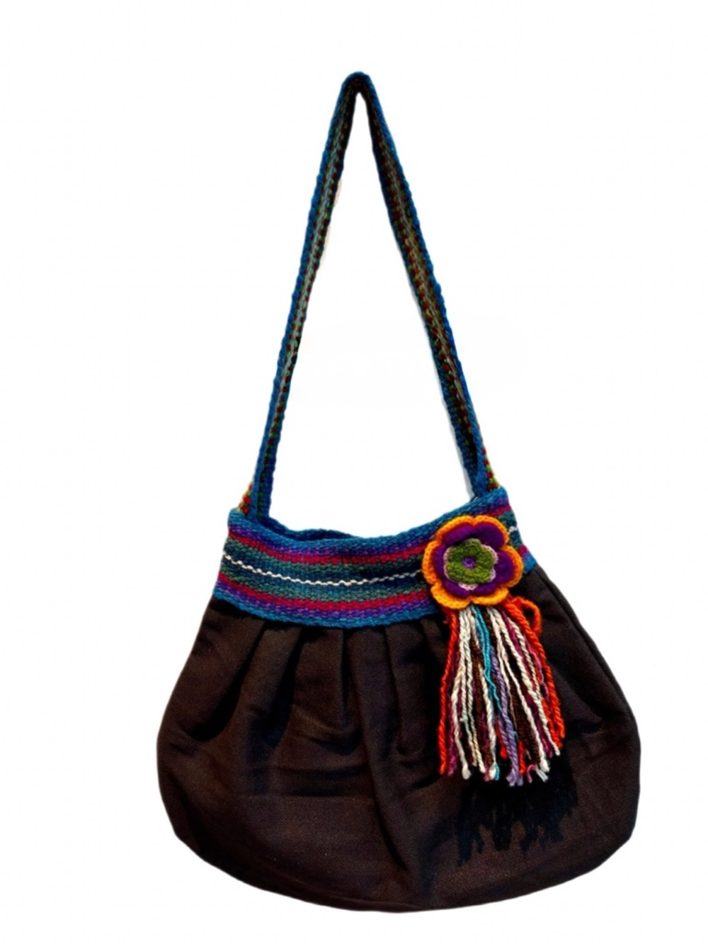 Handmade Peruvian Boho Bag Made From Alpaca Wool & Cotton In Black